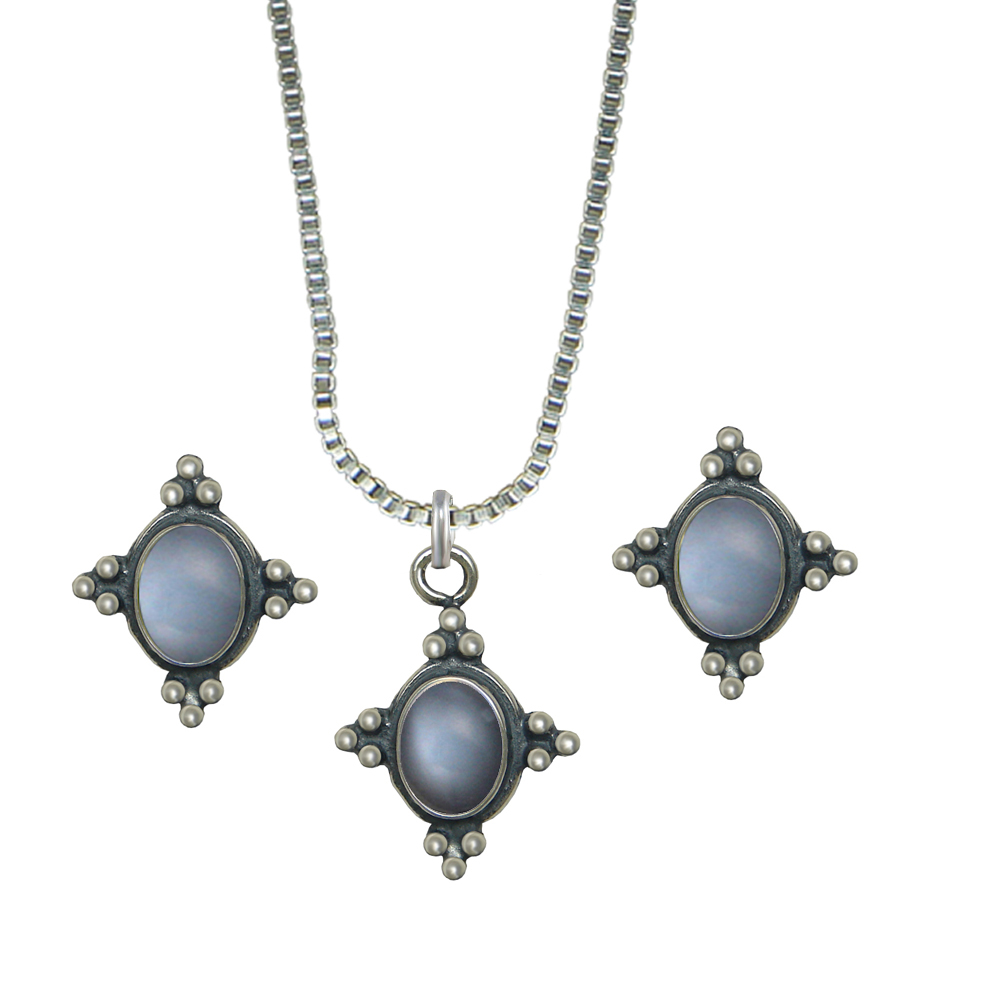 Sterling Silver Petite Necklace Earrings Set Grey Moonstone